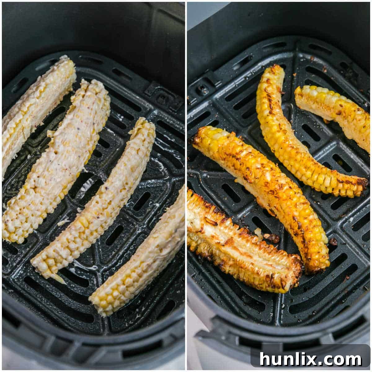 Collage showing the air frying process of corn ribs, from placing them in the basket to their final crispy state.