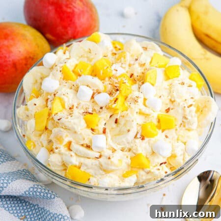 A final picture of the Mango Banana Marshmallow Salad in a serving bowl.