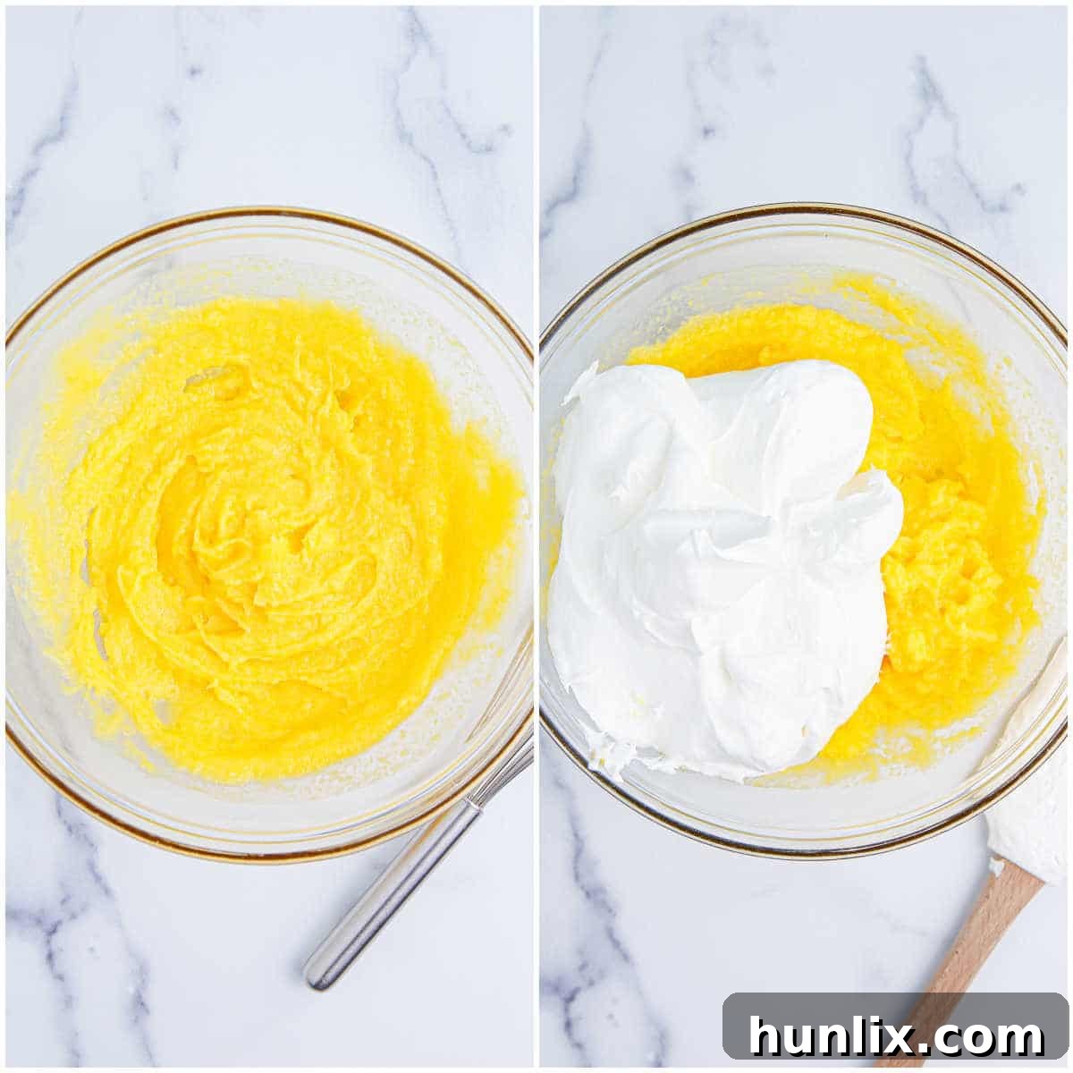 Tropical Mango Banana Fluff 4 Two steps of preparing mango banana marshmallow salad. First, whisking pudding mix and milk. Second, folding in Cool Whip to the pudding base.