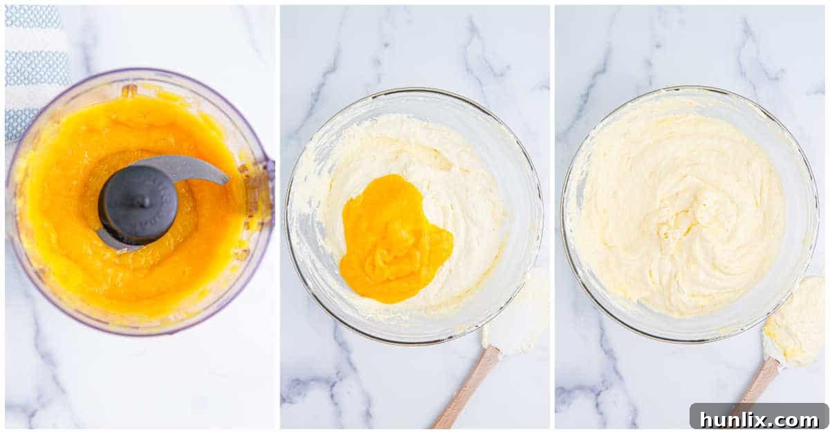 Tropical Mango Banana Fluff 5 Two steps of preparing mango banana marshmallow salad. First, pureeing diced mango in a food processor. Second, mixing the mango puree into the creamy pudding base.