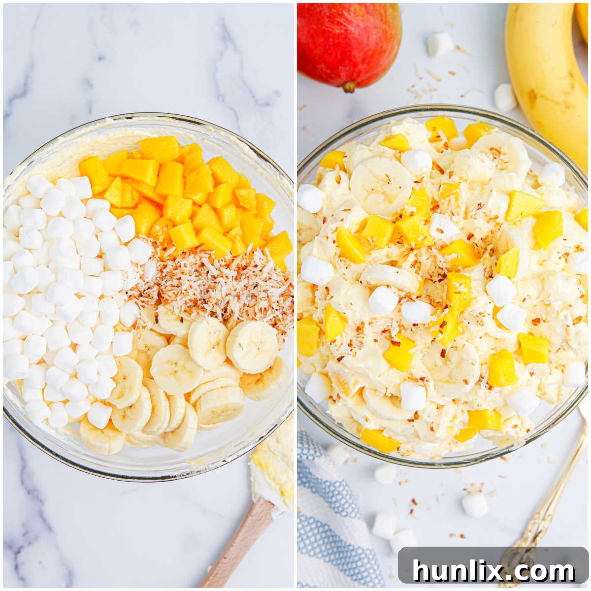 Tropical Mango Banana Fluff 6 Steps to make mango banana marshmallow salad. The final step shows the mixed fruit salad in a bowl, ready for chilling.