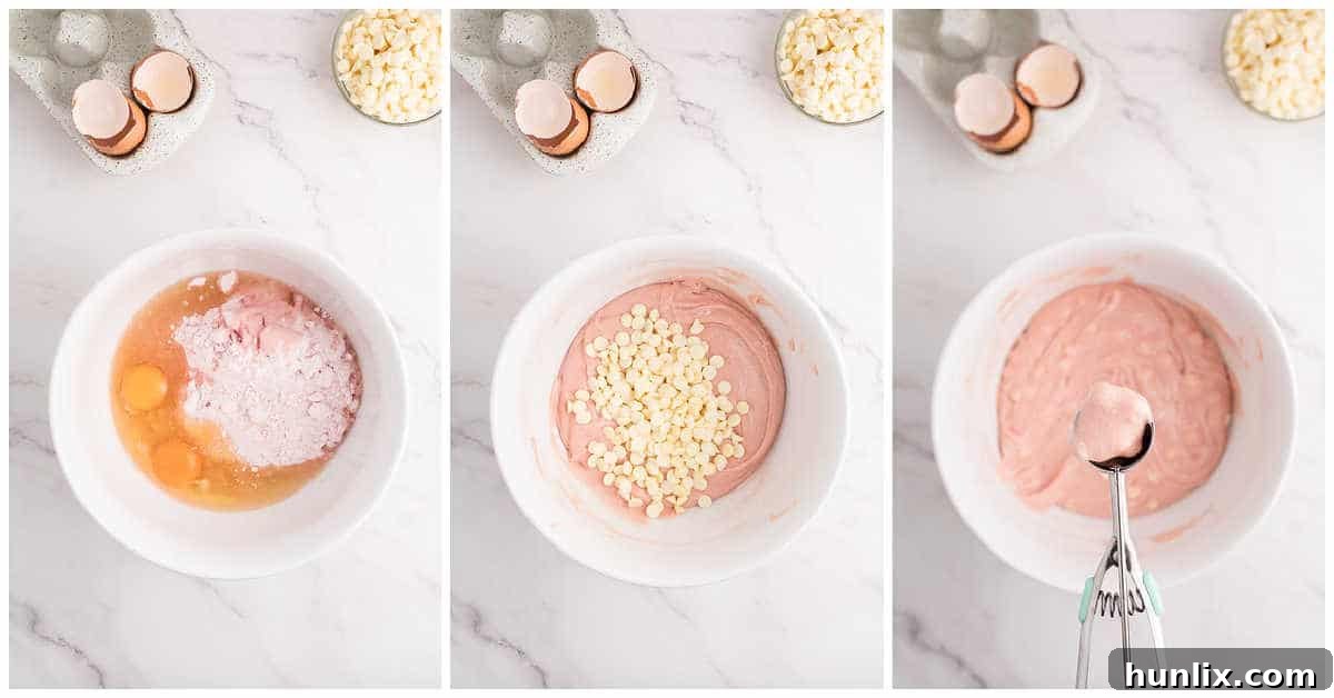 Bowl with strawberry cake mix cookie dough and ingredients mixed.