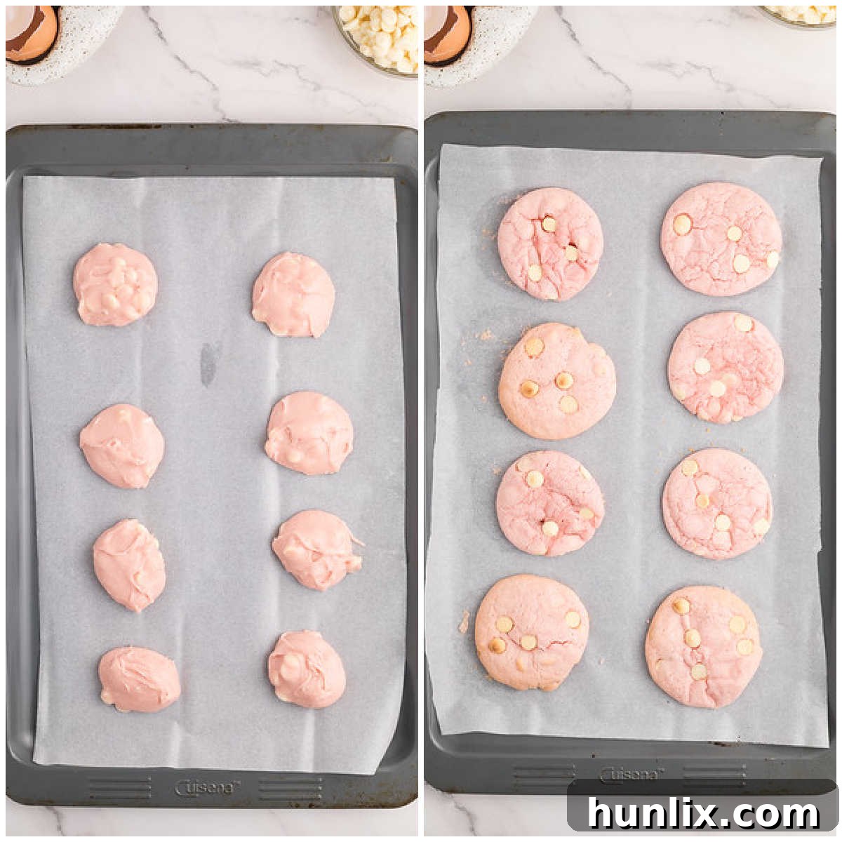 Two hands pressing white chocolate chips onto strawberry cake mix cookie dough on a baking sheet.