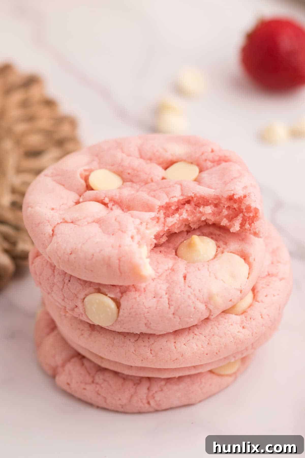 Stack of strawberry cake mix cookies, with a bite taken out of the top one.