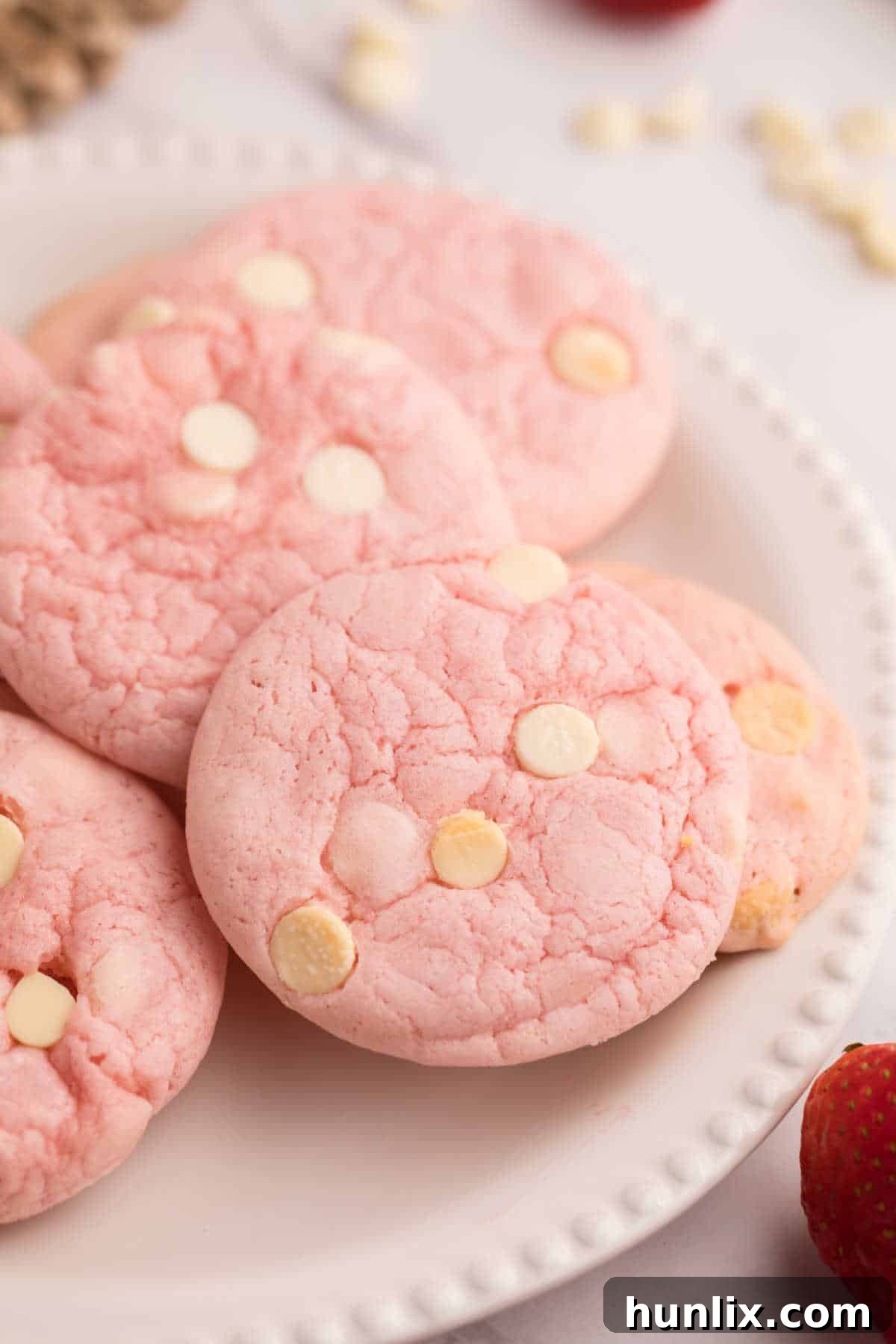 Plated strawberry cake mix cookies with white chocolate chips.