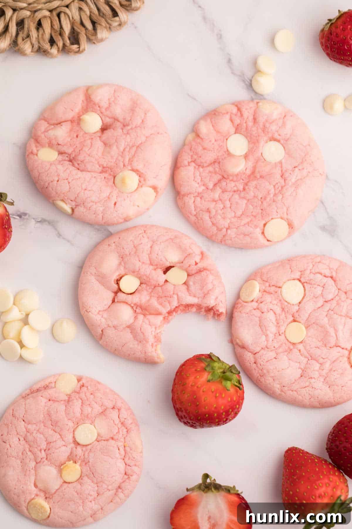 Strawberry cake mix cookies arranged on a white surface, highlighting their appealing look.
