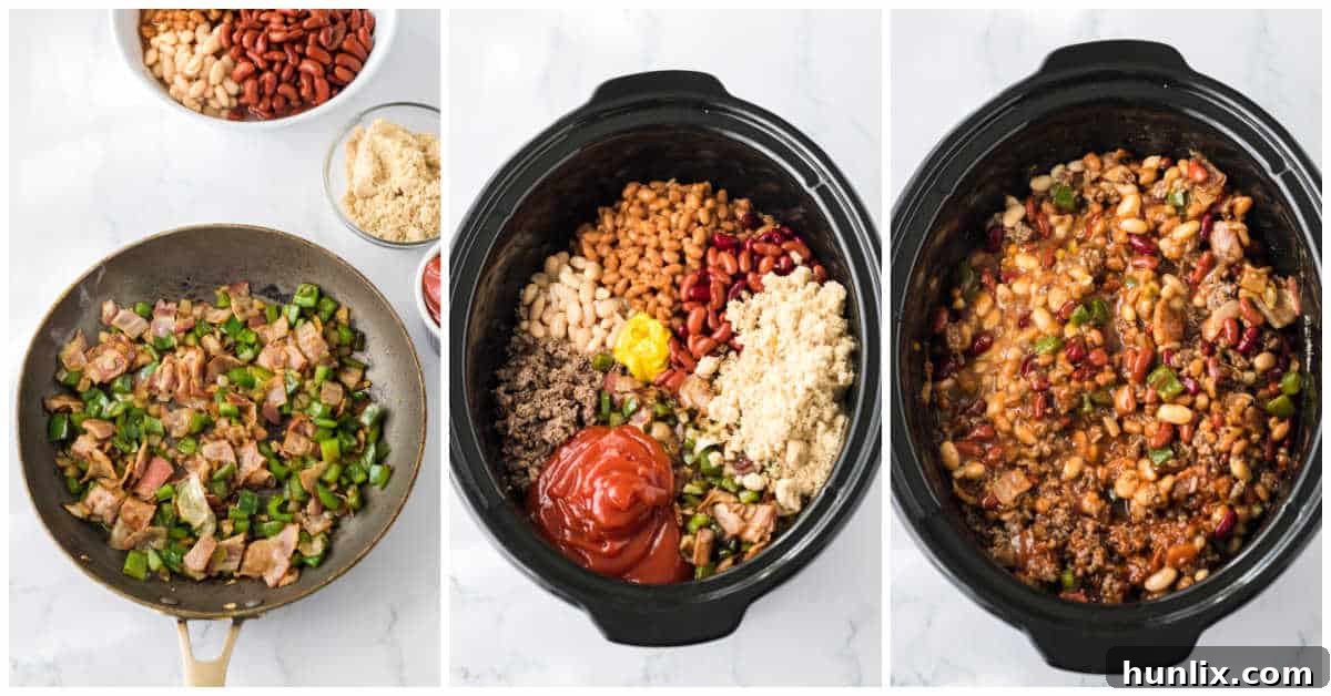A sequence of images showing the preparation steps for making slow cooker cowboy beans, from cooking the ingredients to combining them in the slow cooker.