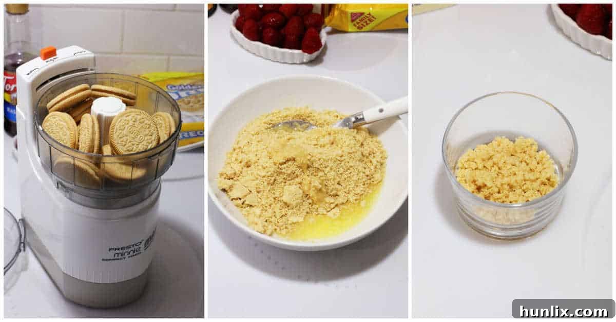 Steps to make Raspberry Cheesecake Cups, showing the crust preparation.