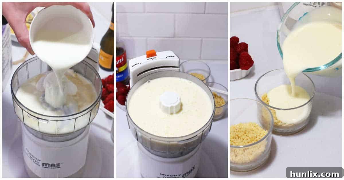 Steps to make raspberry cheesecake cups, showing the first pudding layer.
