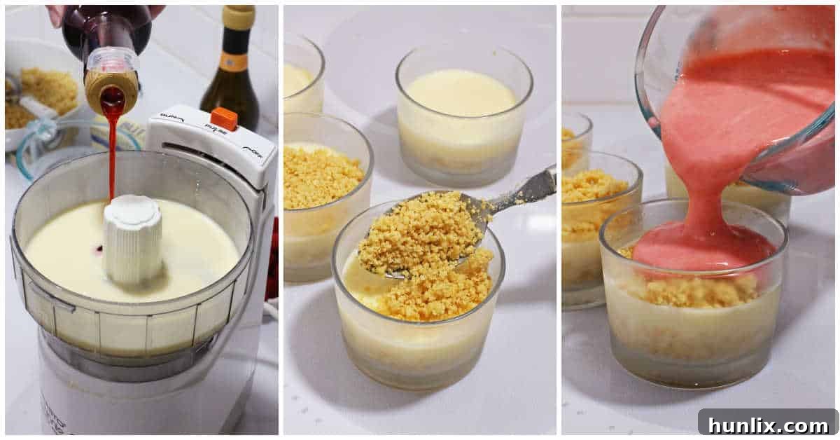Steps to make raspberry cheesecake cups, showing the final layers.