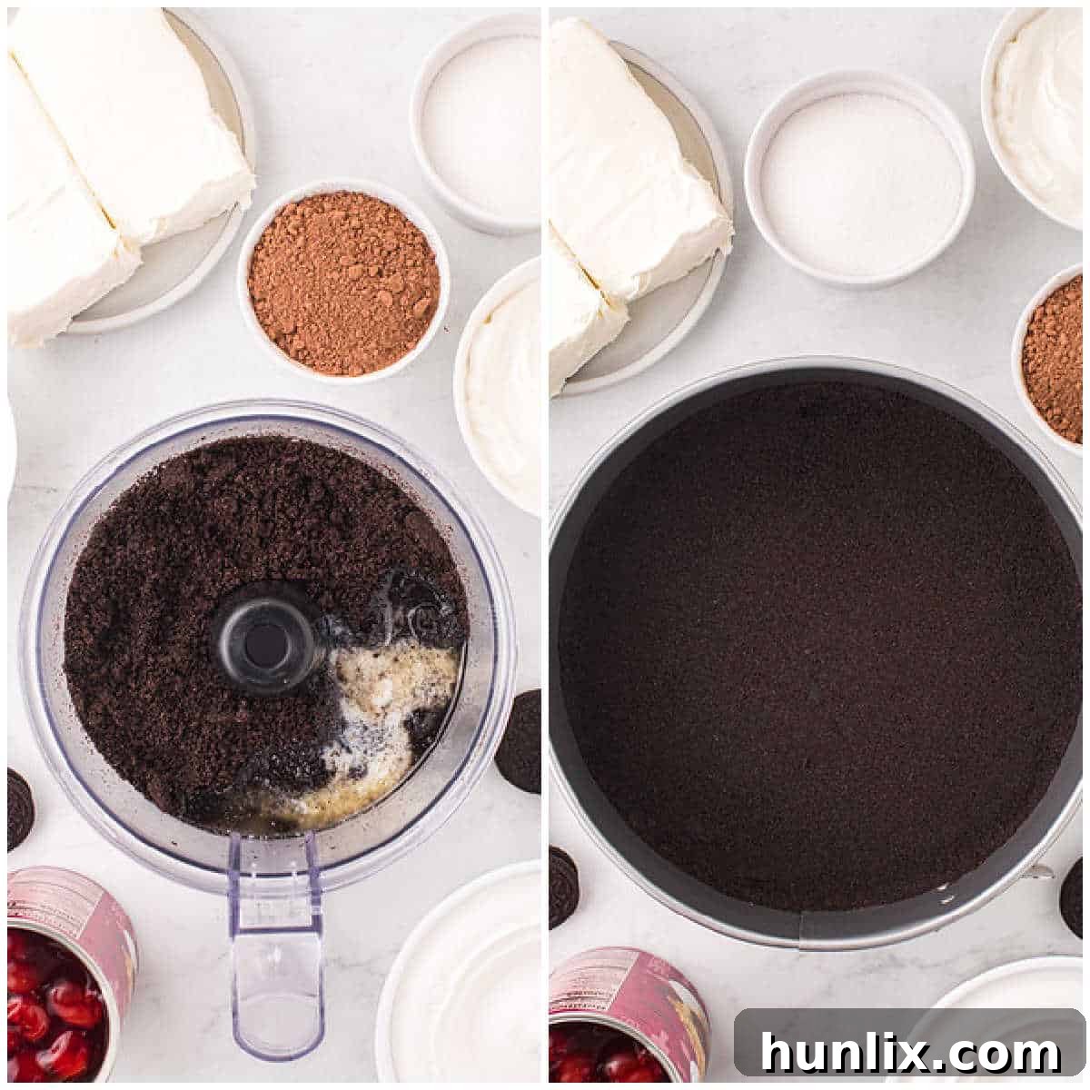 A series of images showing the steps to make a black forest cheesecake, including crushing Oreos and pressing the crust into a pan.