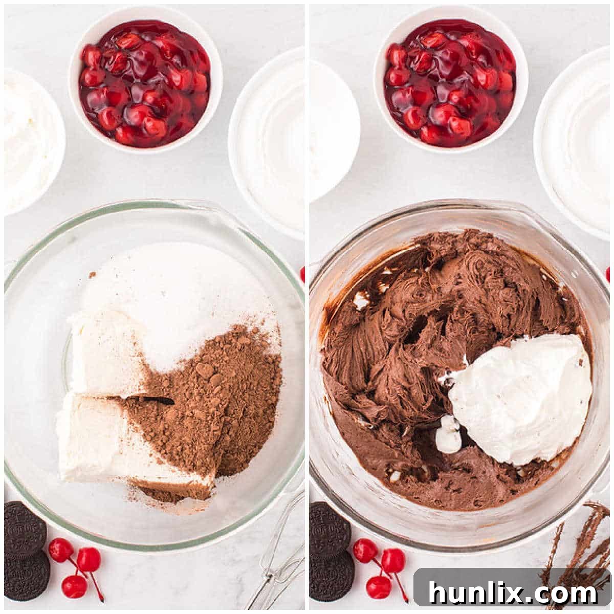 More steps showing the cheesecake filling being prepared, including beating cream cheese and adding sour cream.