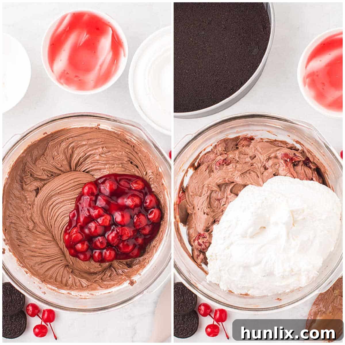 Final steps of preparing the cheesecake, showing cherry pie filling being folded in and the mixture spread into the crust.