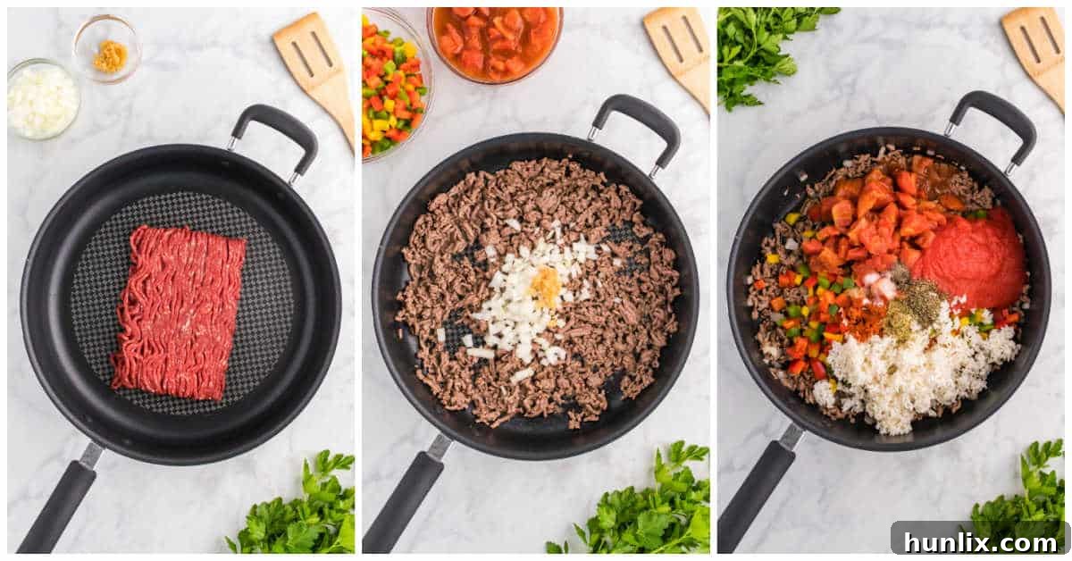 Step-by-step preparation images for making stuffed pepper casserole.