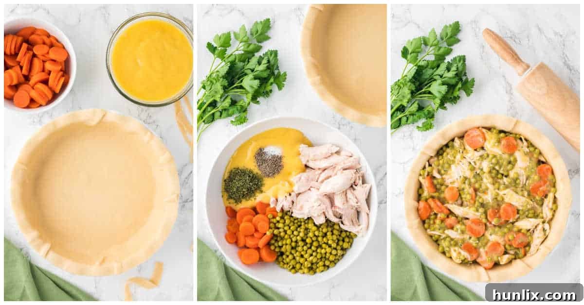 Multiple steps of preparing chicken pot pie, showing ingredients being mixed and the pie crust being assembled in a dish.
