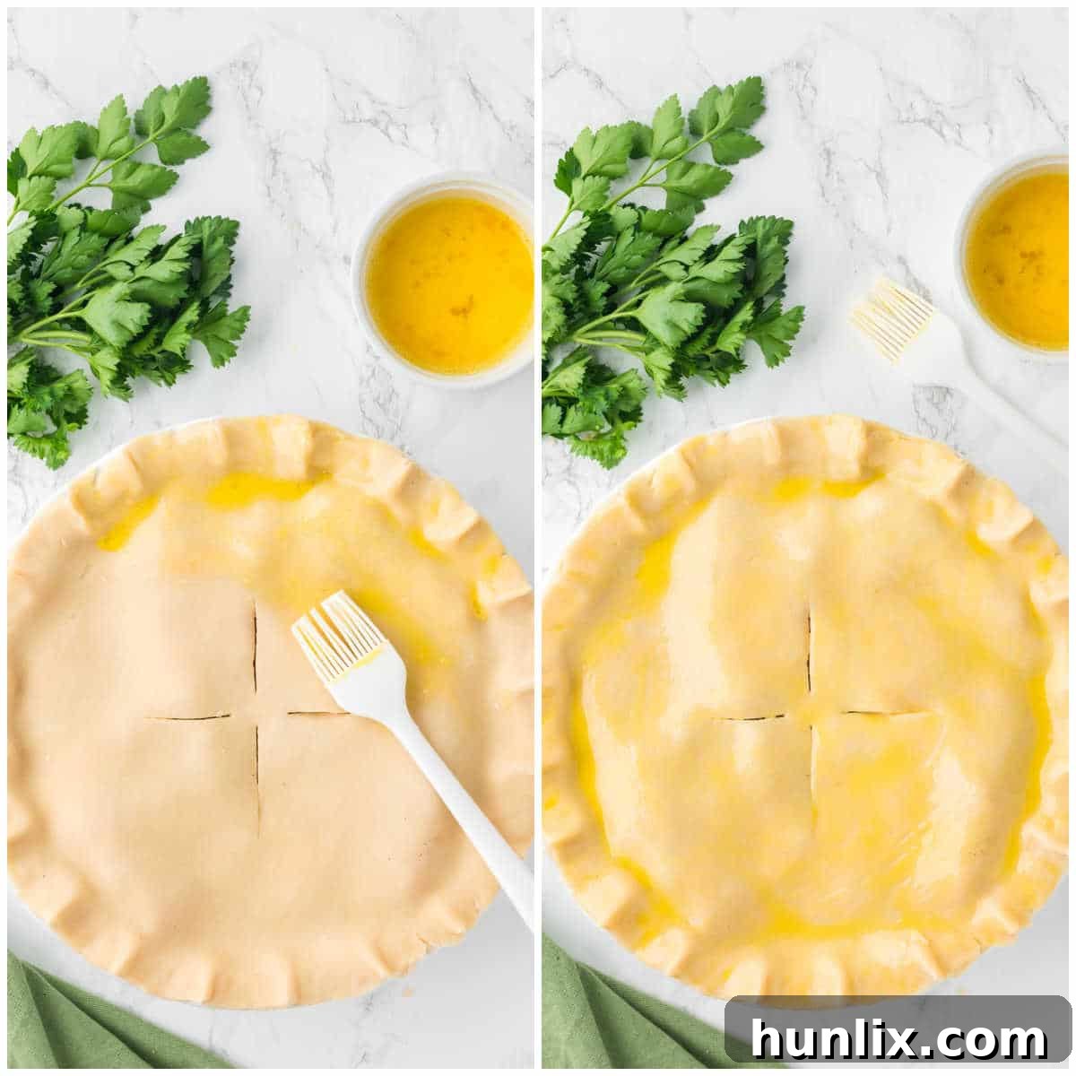 The second step of preparing chicken pot pie, showing the top crust being placed over the filling in the pie dish.