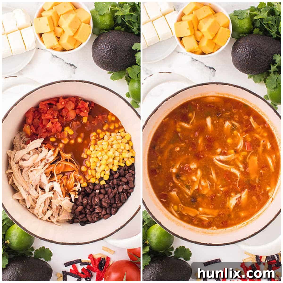 The initial steps of making chicken enchilada soup shown in a pot, with ingredients being stirred.