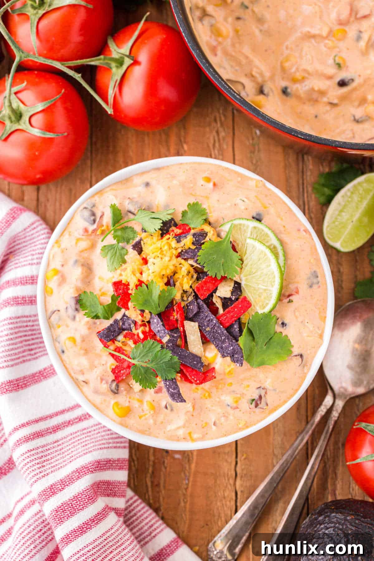 A beautiful bowl of rich and creamy Chicken Enchilada Soup, garnished with fresh cilantro and a lime wedge.