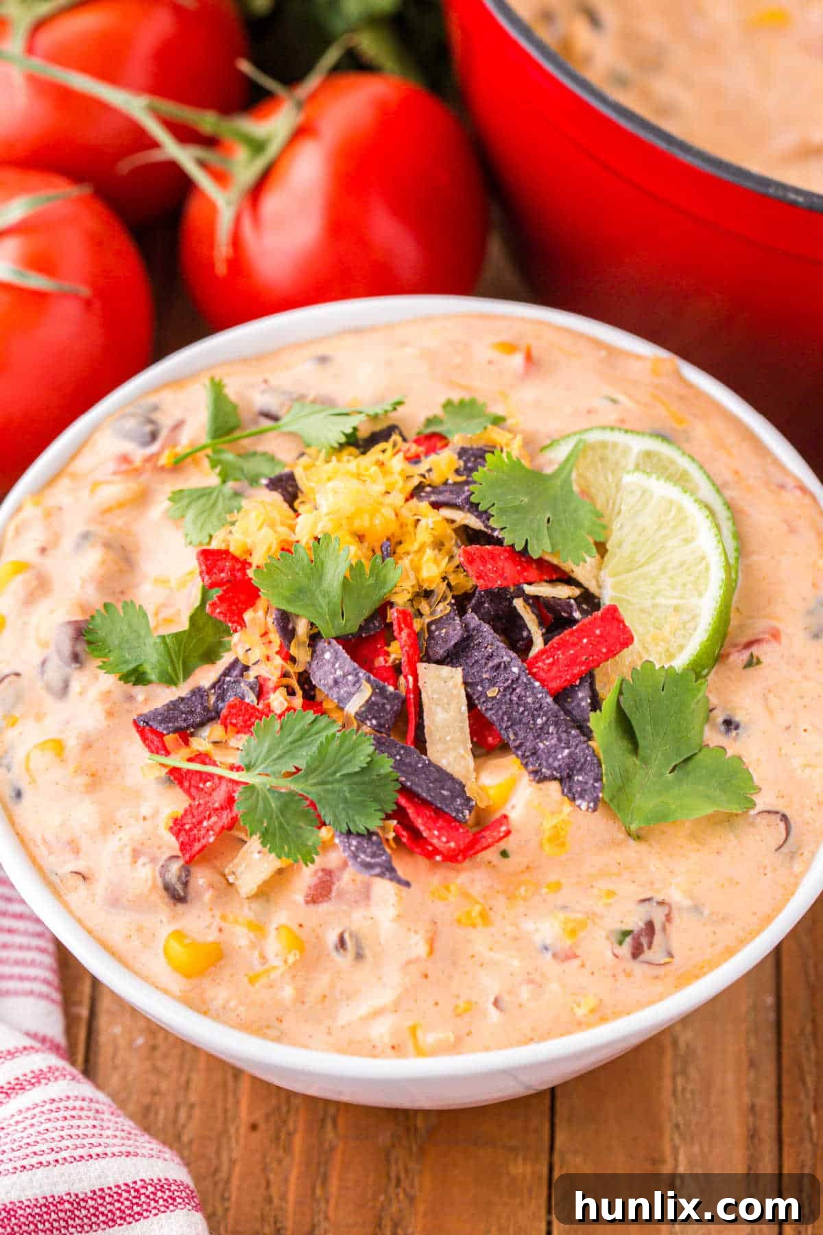 A close-up view of a bowl of creamy Chicken Enchilada Soup, garnished with vibrant fresh toppings.