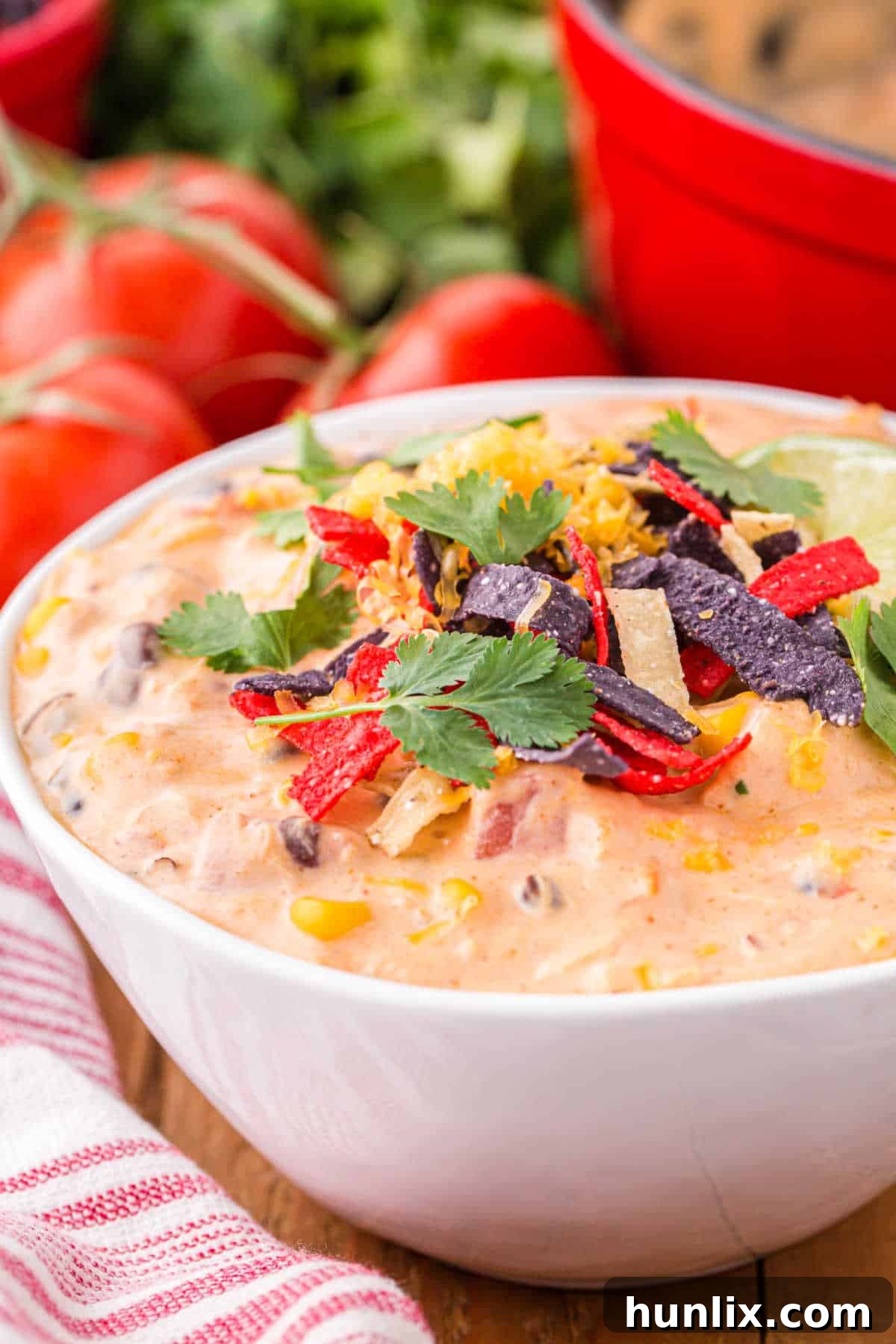 A beautifully presented bowl of creamy Chicken Enchilada Soup, ready to be enjoyed.
