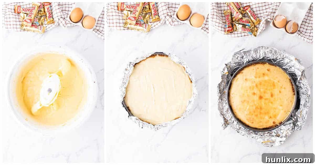 Twix Caramel Crunch Cheesecake 5 Further preparation steps for making Twix Cheesecake, showing the creamy batter being poured into the baked crust, ready to be placed in the water bath for baking.