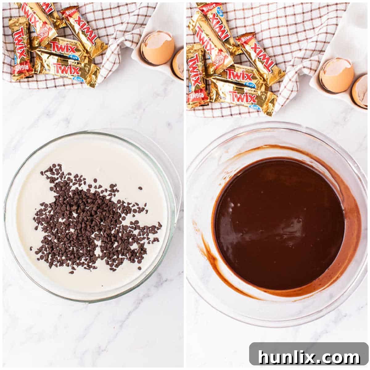 Twix Caramel Crunch Cheesecake 6 The final preparation step for Twix Cheesecake, illustrating the smooth chocolate ganache being made and cooling in a bowl set over simmering water.