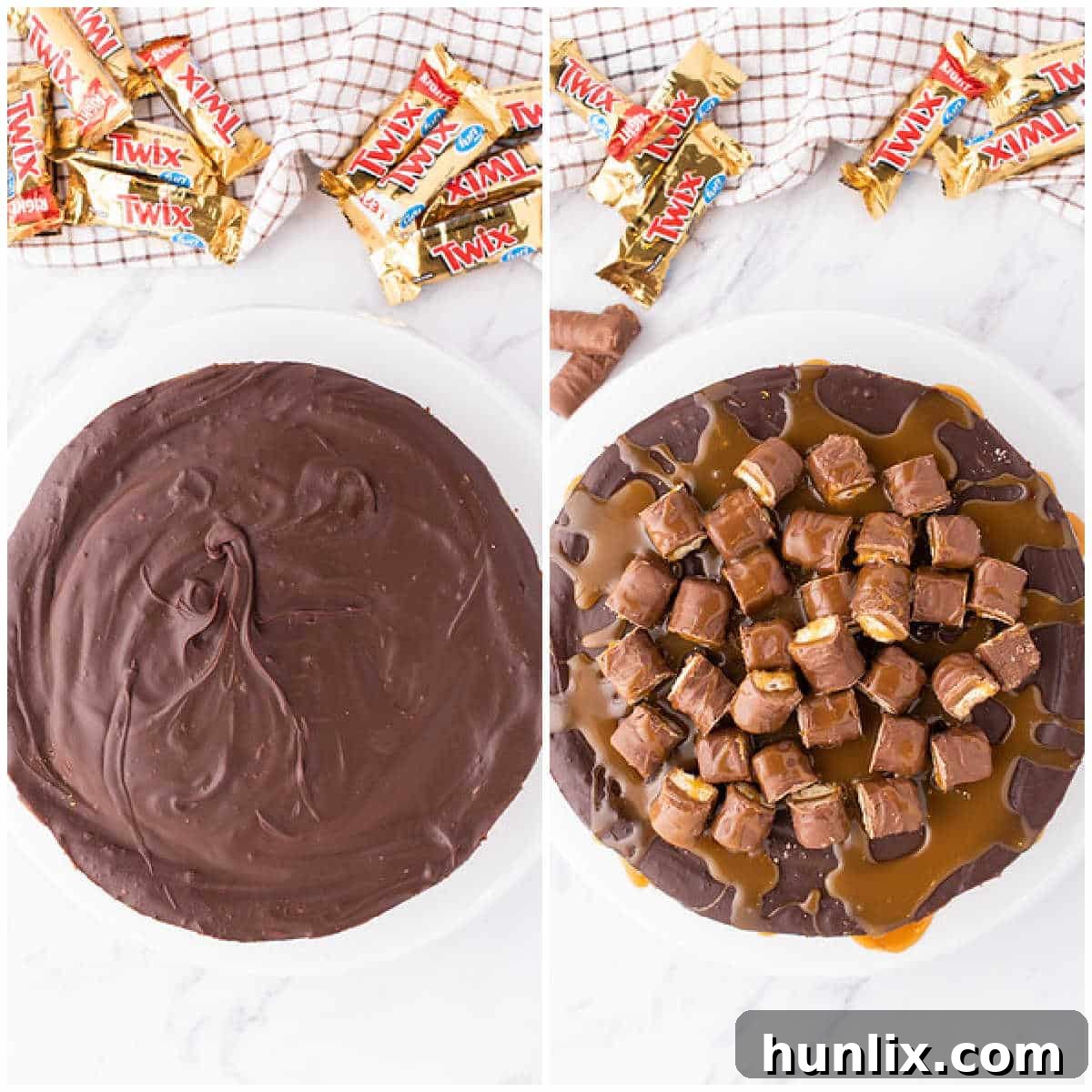 Twix Caramel Crunch Cheesecake 7 Final steps to assemble Twix Cheesecake, featuring the chocolate ganache poured over the cooled cheesecake and garnished with chopped Twix bars and a caramel drizzle.