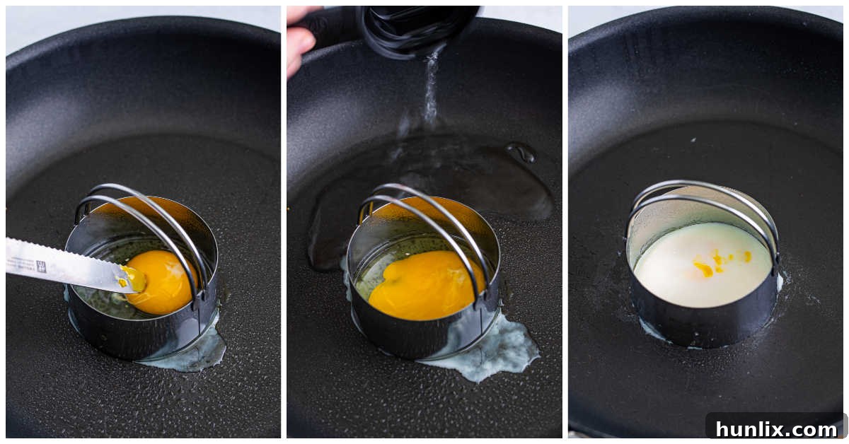 Collage of making the eggs in a frying pan.