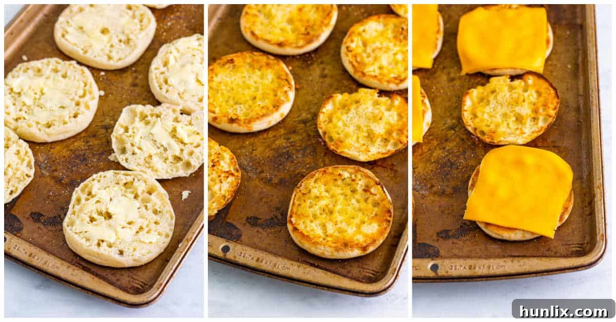 Collage of making the English muffins on a pan.
