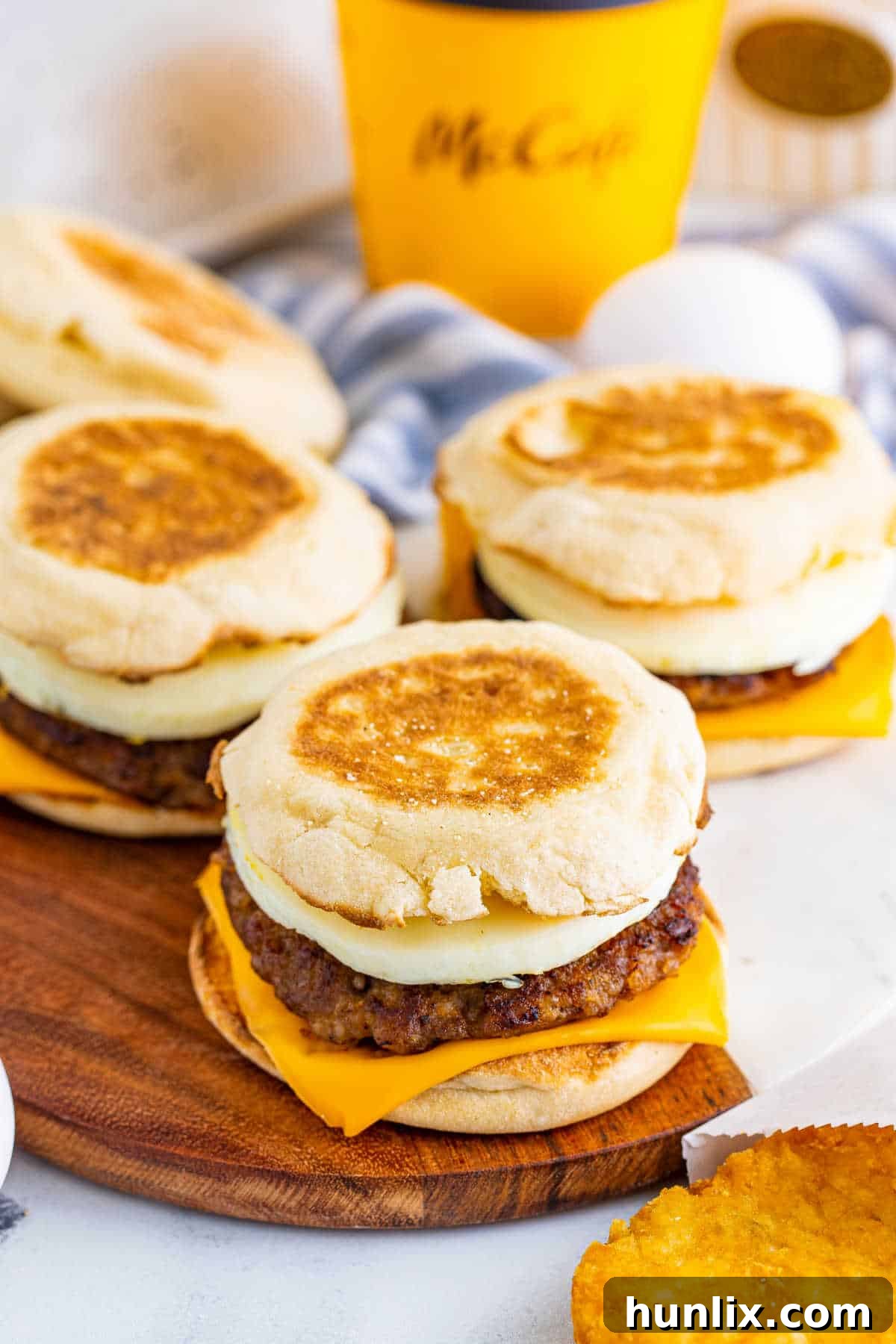 Three breakfast sandwiches on a wooden surface.