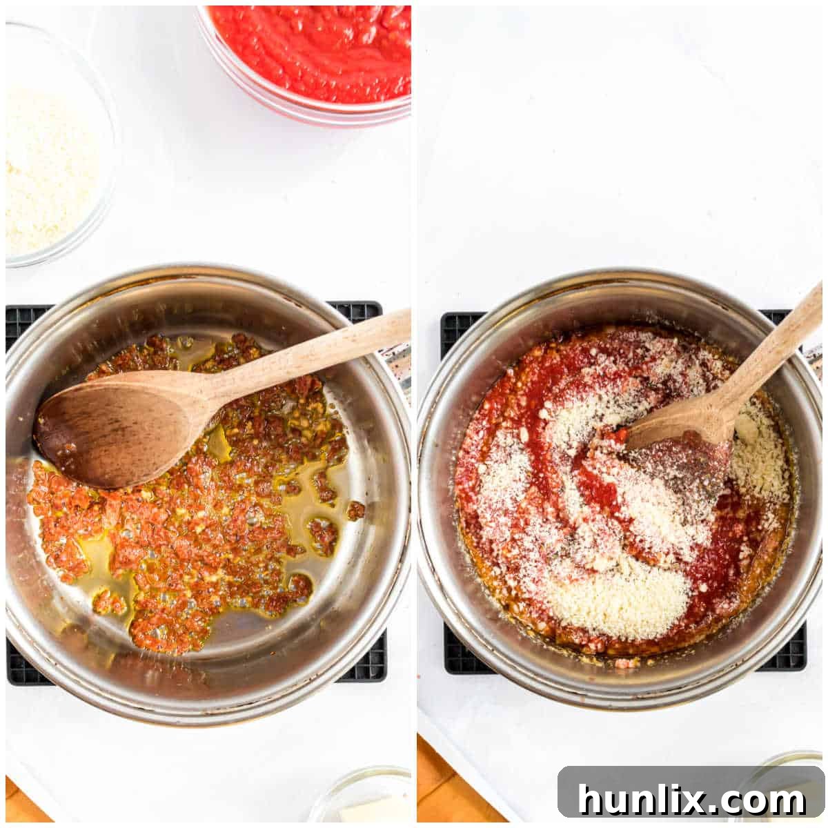 Pepperoni parmesan sauce simmering in a saucepan.