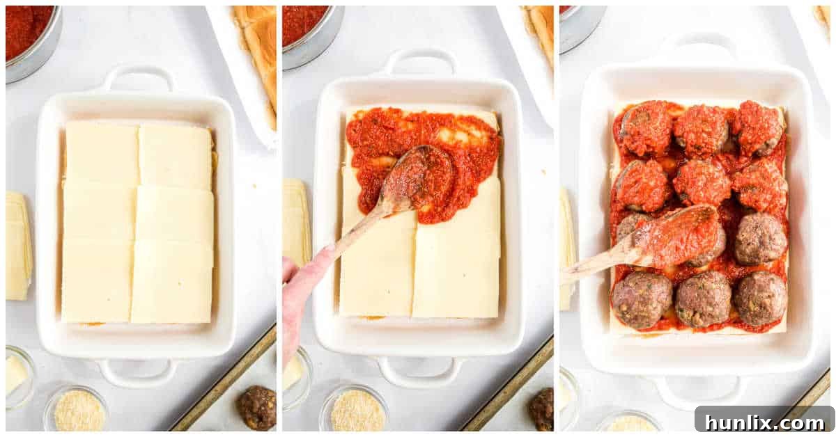 Assembling meatball sliders in a baking dish with layers of buns, cheese, meatballs, and sauce.