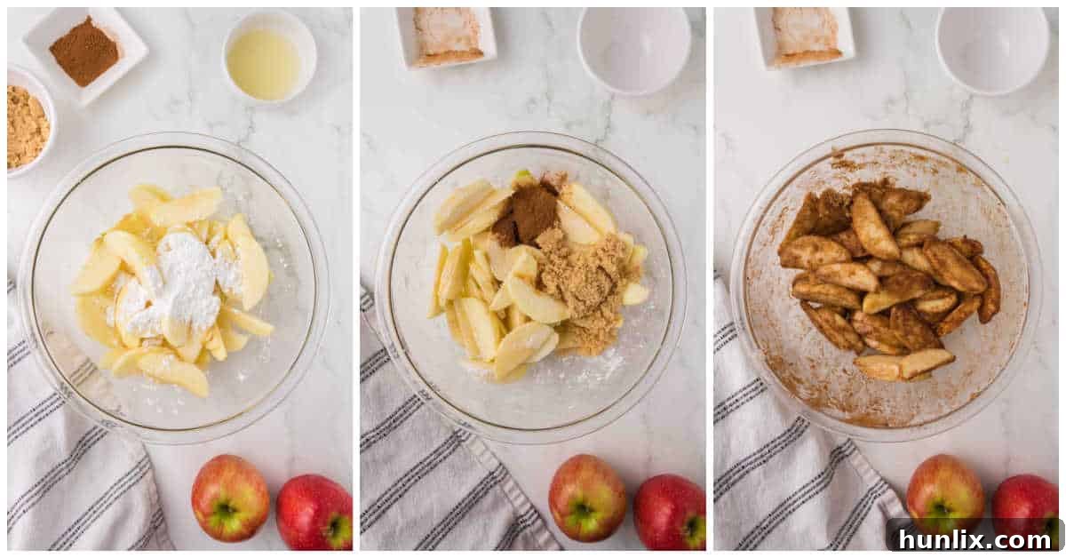 Collage showing steps of mixing apple slices with cornstarch, lemon juice, brown sugar, and cinnamon in a bowl.