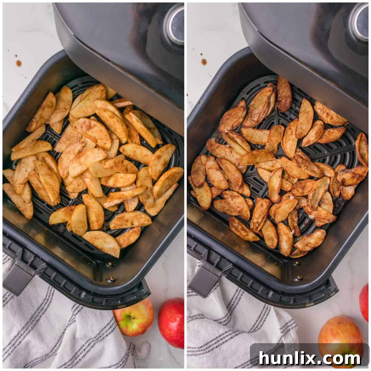 Collage showing apples cooking in an air fryer basket, with tongs flipping them, and the final cooked apples.
