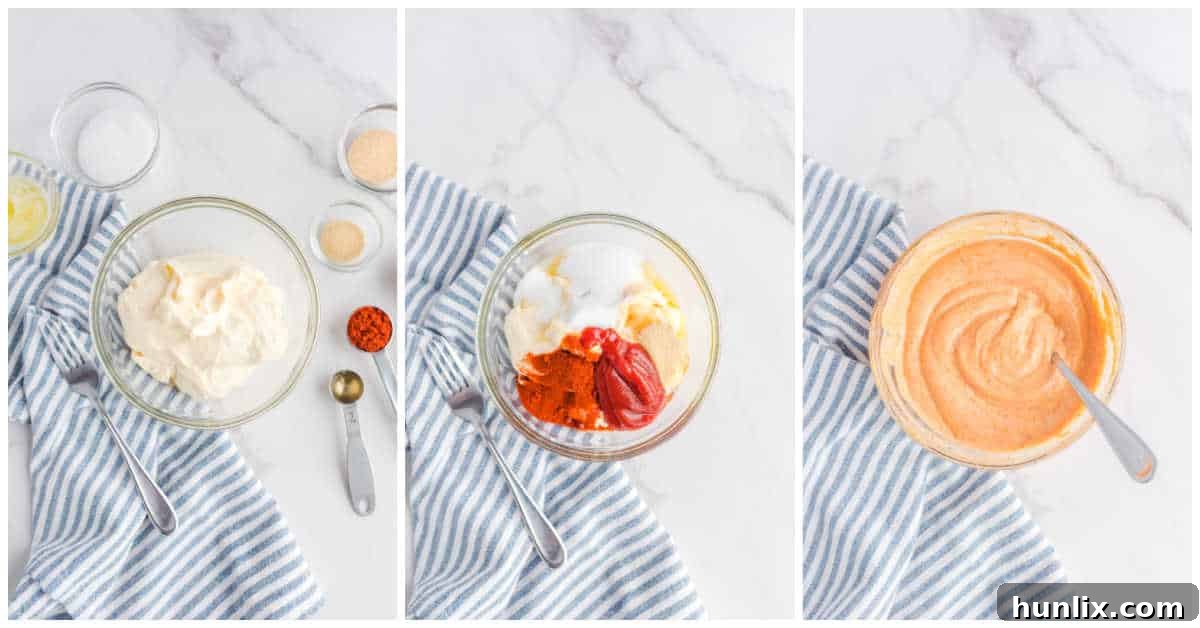 A visual guide showing the steps to prepare homemade yum yum sauce in a mixing bowl.