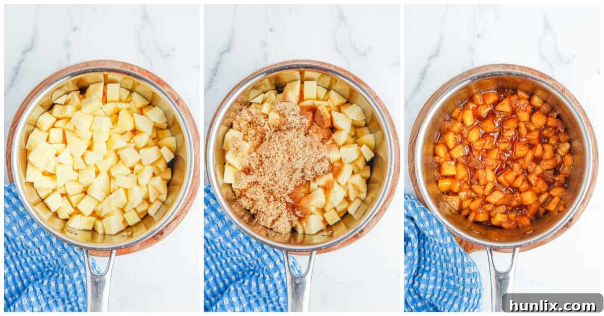 Stages of making apple compote, showing diced apples, then simmering in a saucepan.