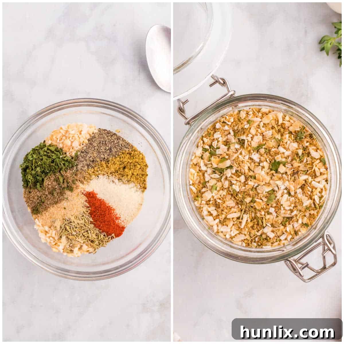 Aromatic Onion Seasoning 4 Three steps illustrating the process of making onion soup mix, from combining ingredients to storing the finished product.