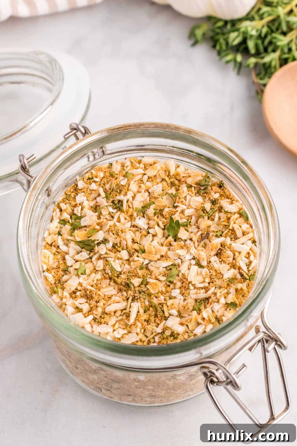 Aromatic Onion Seasoning 6 More homemade onion soup mix stored in a stylish glass jar.