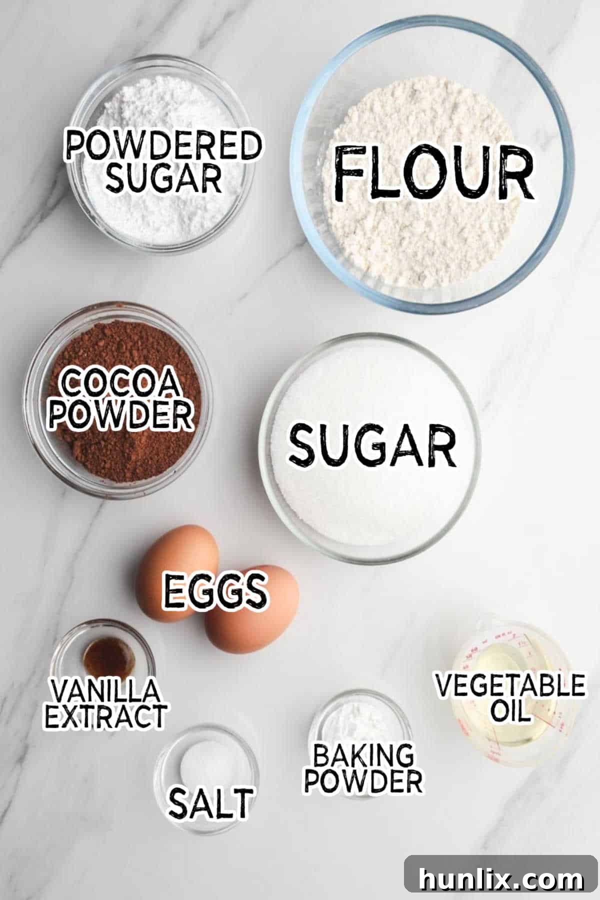 A collection of fresh ingredients neatly arranged on a counter, including cocoa powder, sugar, eggs, oil, vanilla, flour, baking powder, salt, and powdered sugar, ready to be transformed into delicious chocolate crinkle cookies.