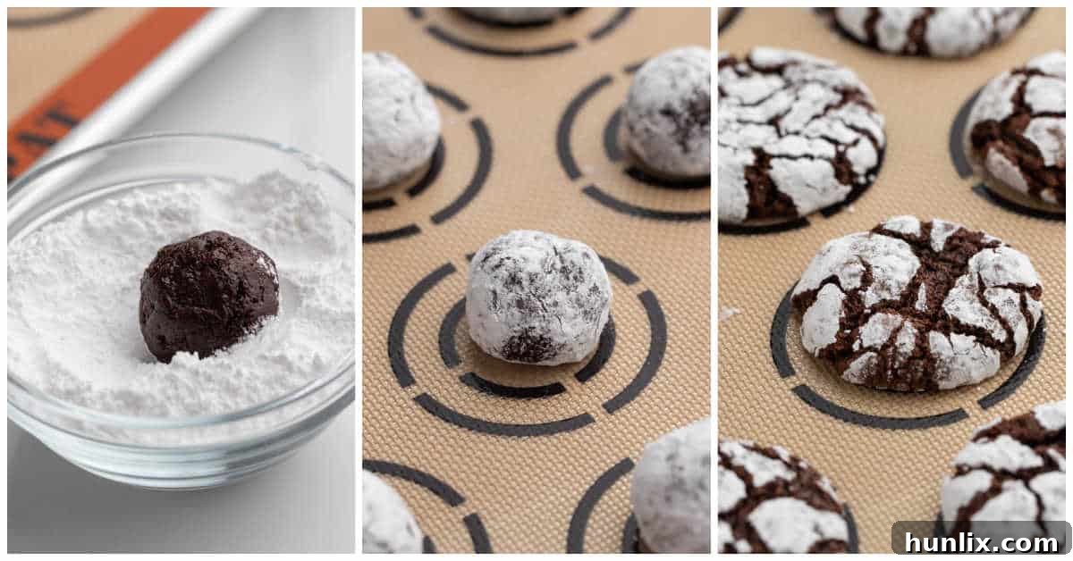 The second part of the chocolate crinkle cookies preparation, showing dough balls coated in powdered sugar arranged on a baking sheet, ready for the oven.