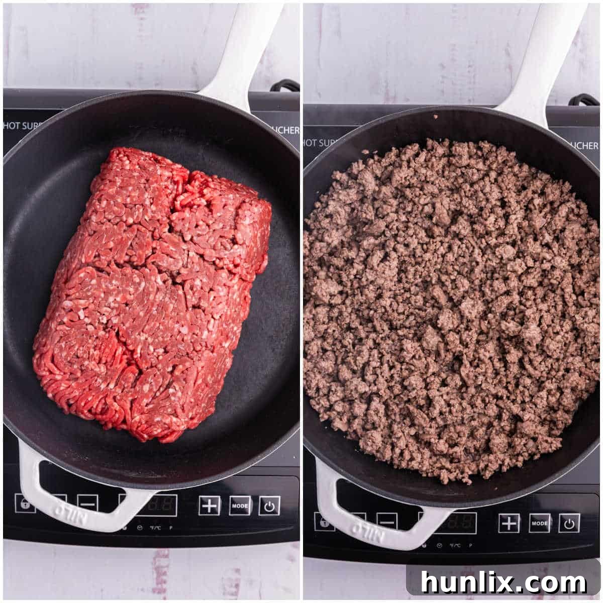 Ground beef browning in a skillet for Rotel dip.