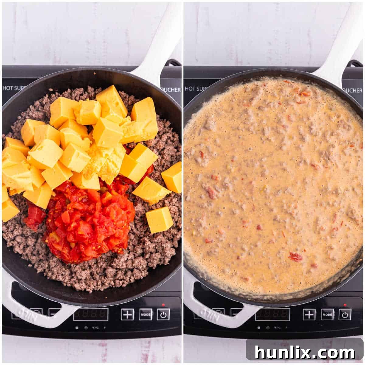 Velveeta and Rotel added to browned ground beef in a skillet for Rotel dip.