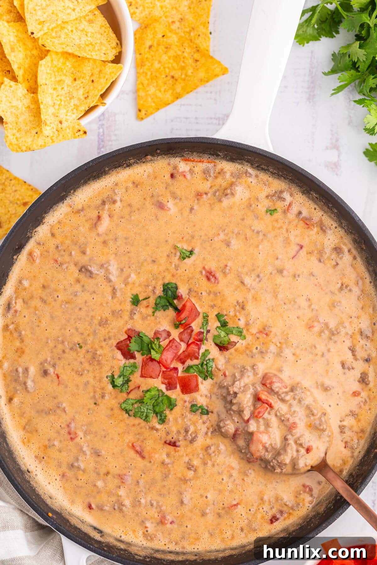 Rotel dip in a skillet, close up shot.