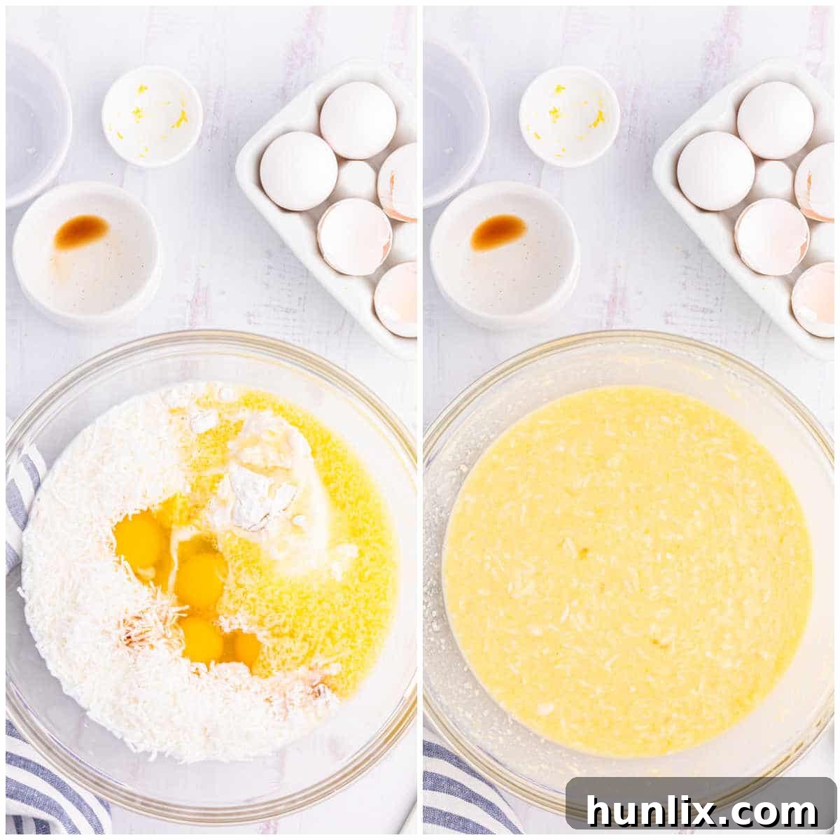Hands mixing ingredients for Lemon Impossible Pie in a large bowl.