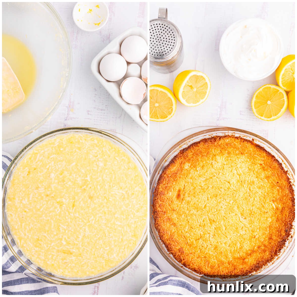 An unbaked Lemon Impossible Pie batter poured into a pie dish, ready for the oven.