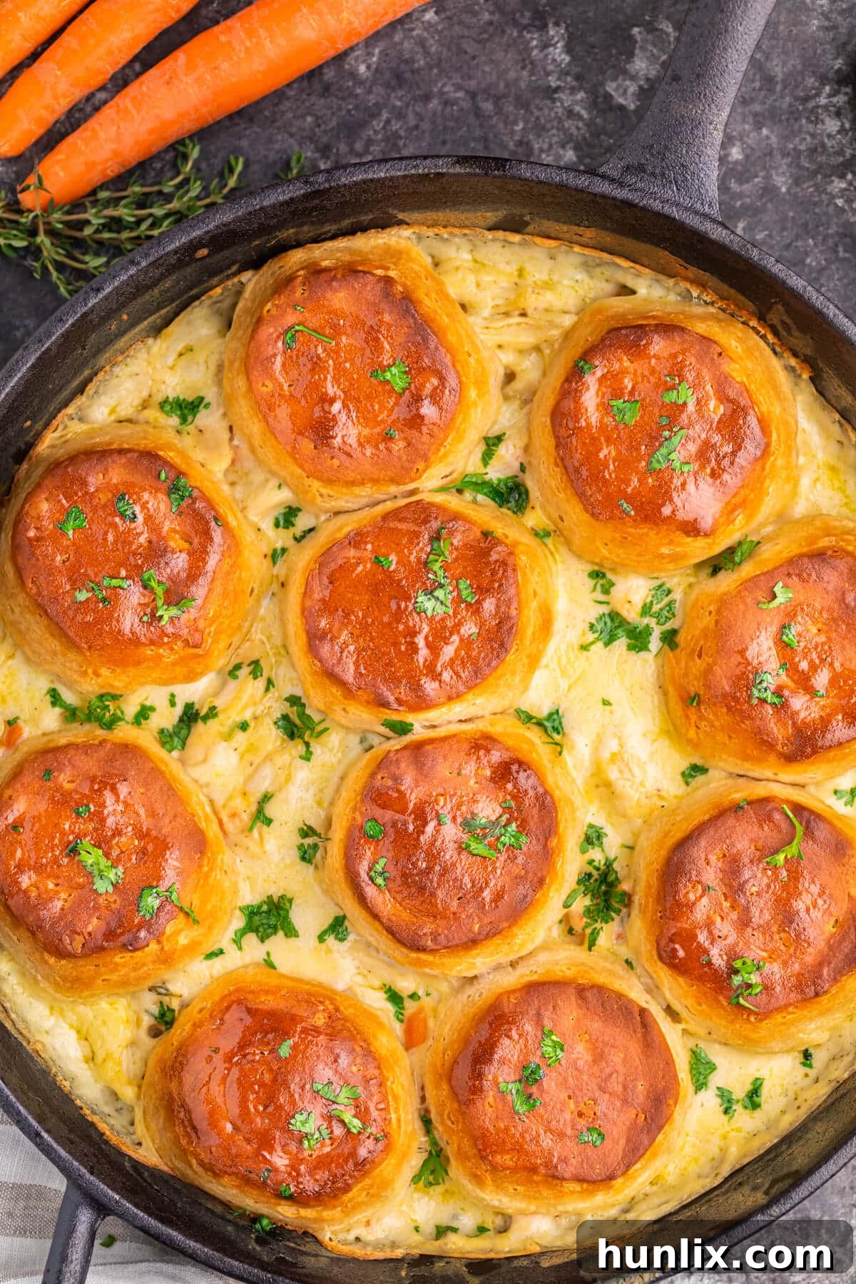Chicken pot pie in a cast iron pan, ready to be served.