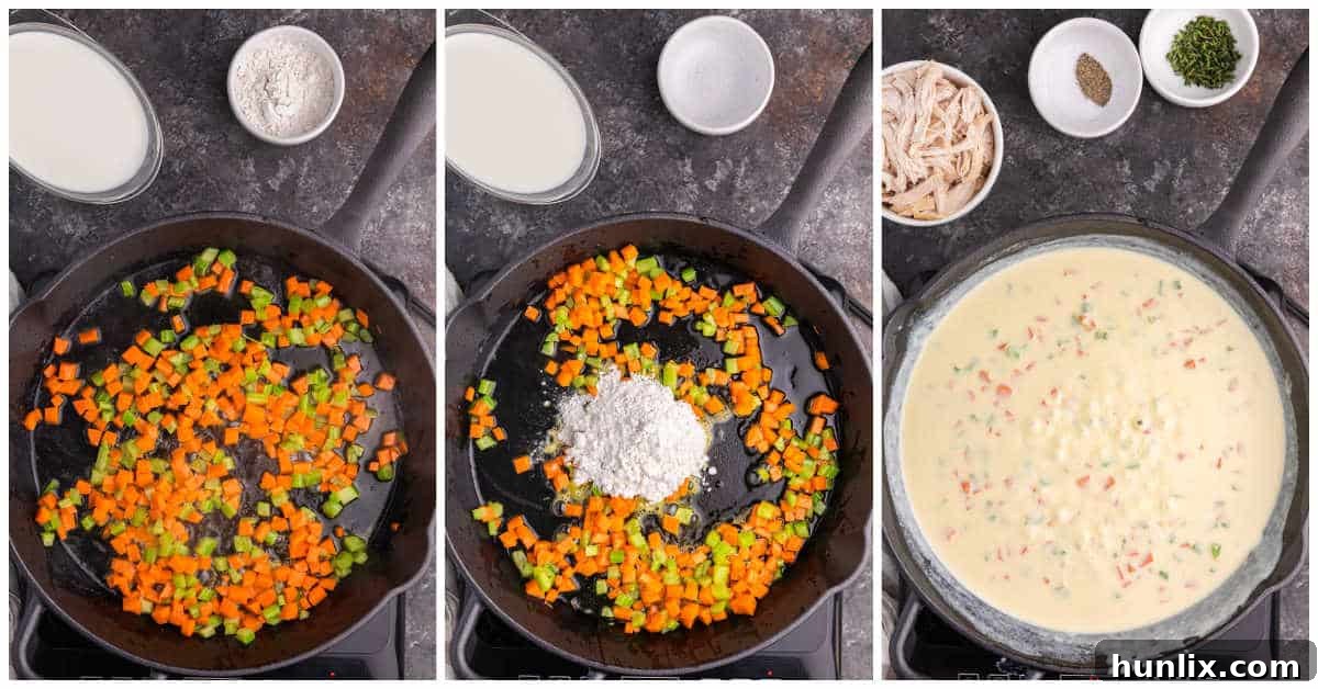 The cooking process for cast iron skillet chicken pot pie, showing vegetables sautéing and the sauce thickening.
