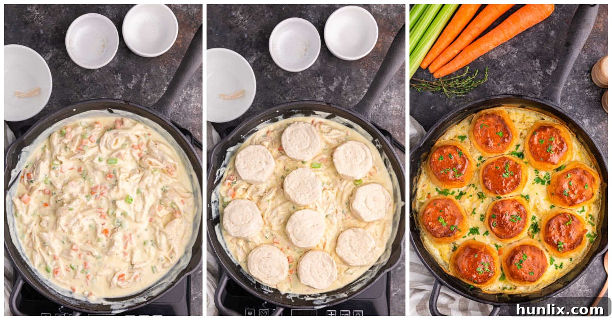 The skillet chicken pot pie with biscuits arranged on top, ready for baking.