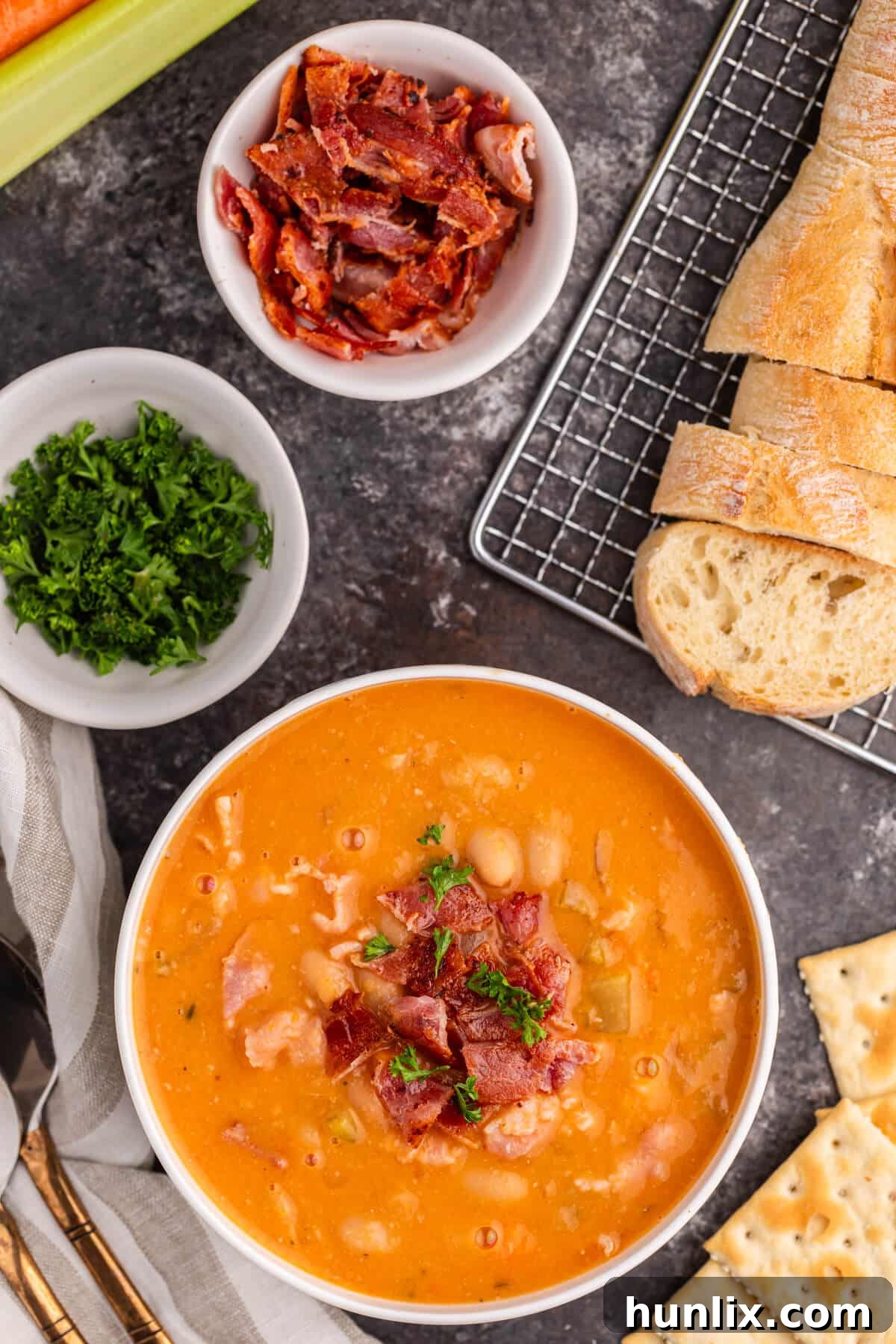 Bean with bacon soup in a bowl.