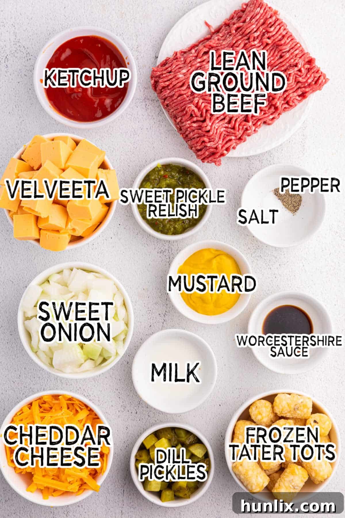 Ingredients to make cheeseburger tater tot casserole.